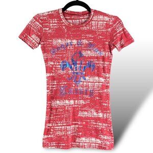 Sugar & Rox Sheer Y2K Baby Tee Womens Sz XS Red Fleur De Lys Fitted T-Shirt EUC